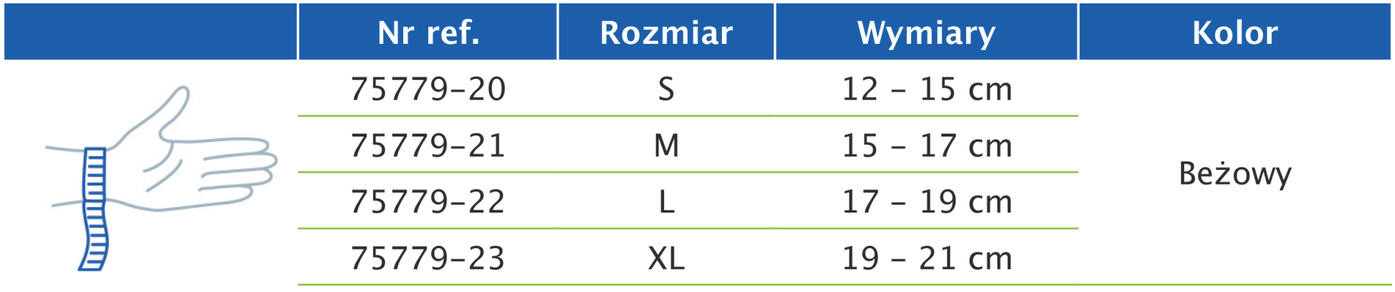 Tabela rozmiarów przedstawiająca wymiary opaski na nadgarstek Actimove Arthritis Care Tabela rozmiarów przedstawiająca wymiary opaski na nadgarstek Actimove Arthritis Care